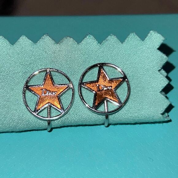 Christian DIOR Star Logo Silver Tone with Gold Tone Clip On Earrings Authentic - Picture 5 of 9
